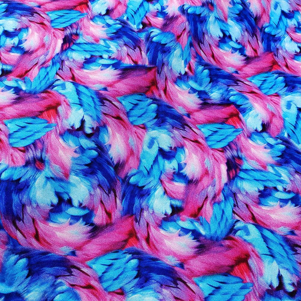 Spring into beauty fabric, 3wishes, blue and pink feathers, pastel florals, watercolour floral fabric