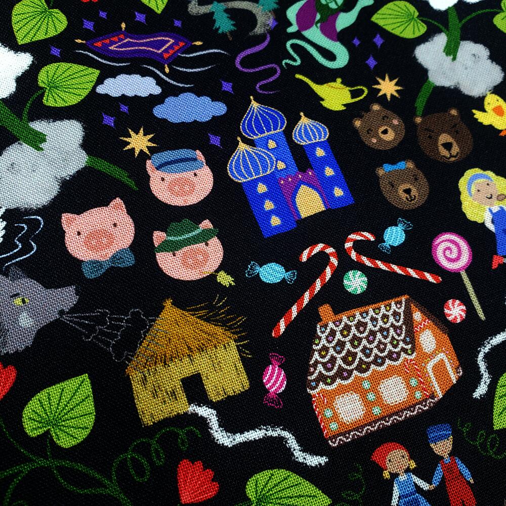 Lewis & Irene small things fairytales, farytale fabric, jack and the beanstalk, goldilocks, rapunzel, cotton double border, fairytales scatter fabric