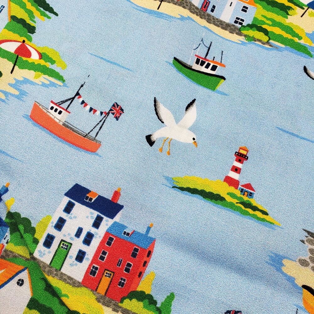 harbour fabric, seashore, vintage seashore fabric,lighthouses, fishing boats, seagulls, QT fabrics, by the seashore