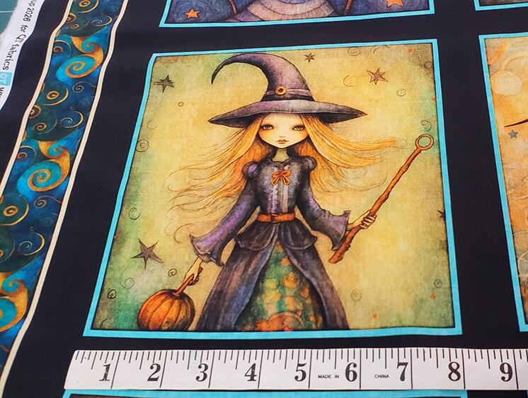 witchypoo, halloween fabric, witches panel, spell bottles, spell books, cotton spooky fabric, QT fabrics