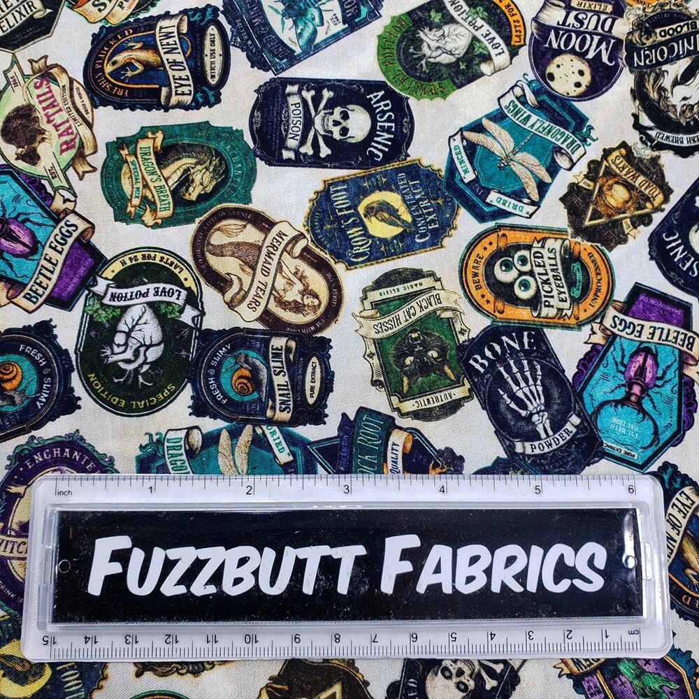 witchypoo, halloween fabric, witches panel, spell bottles, spell books, cotton spooky fabric, QT fabrics