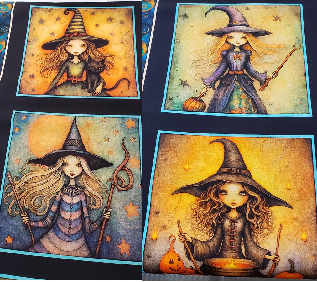 witchypoo, halloween fabric, witches panel, spell bottles, spell books, cotton spooky fabric, QT fabrics