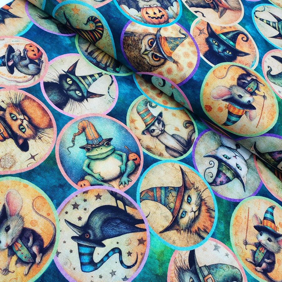 witchypoo, halloween fabric, witches panel, spell bottles, spell books, cotton spooky fabric, QT fabrics
