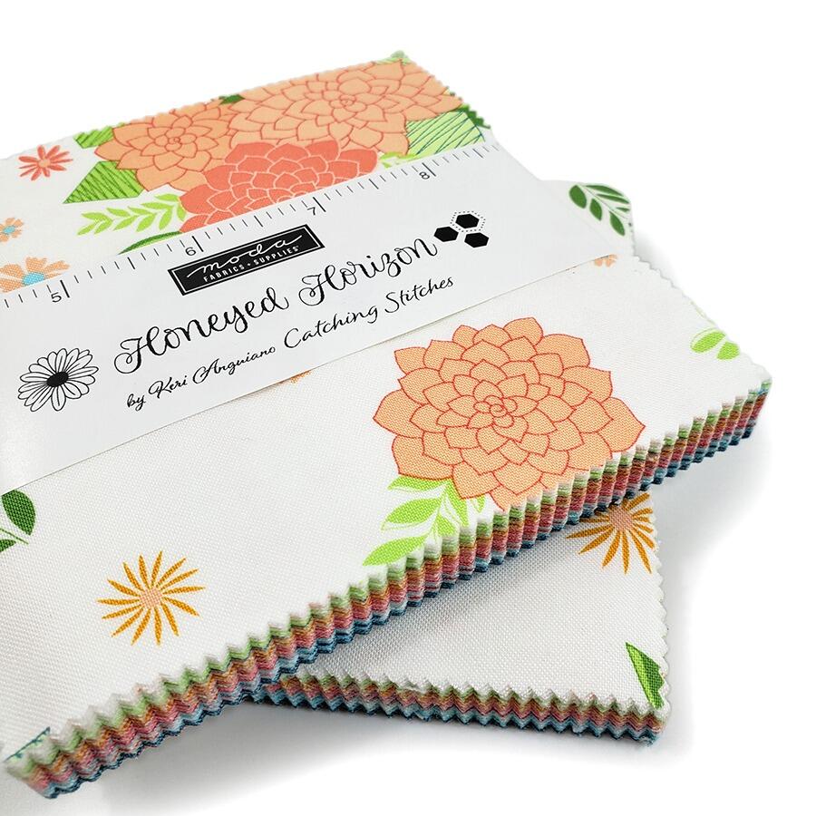 moda charm pack, honeyed horizon, Keri Anguiano, modern charm pack, hexies, florals, bright colours, summer fabric, cotton squares
