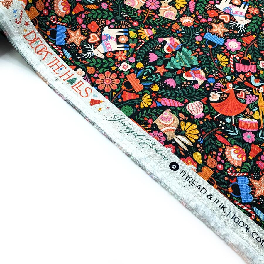 Geetanjali Behera fabric, deck the halls, thread and ink, bright colours, festive fabric, nutcracker fabric, reindeer, rabbits, christmas gifts