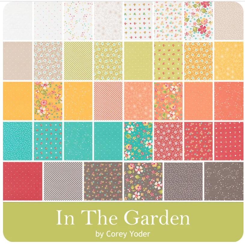 moda charm pack,corey yoder, in the garden,fabric squares,cotton squares, patchwork cotton squares, flowers, berries, spring, cheerful, colourful, berries, flowers