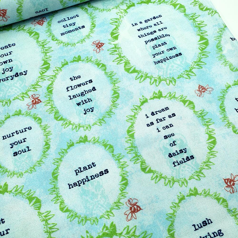 junk journal fabric, motivational fabric, slow stitch, floral fabric for embroidery, Kelli-May Krenze, spirit of the garden, bees