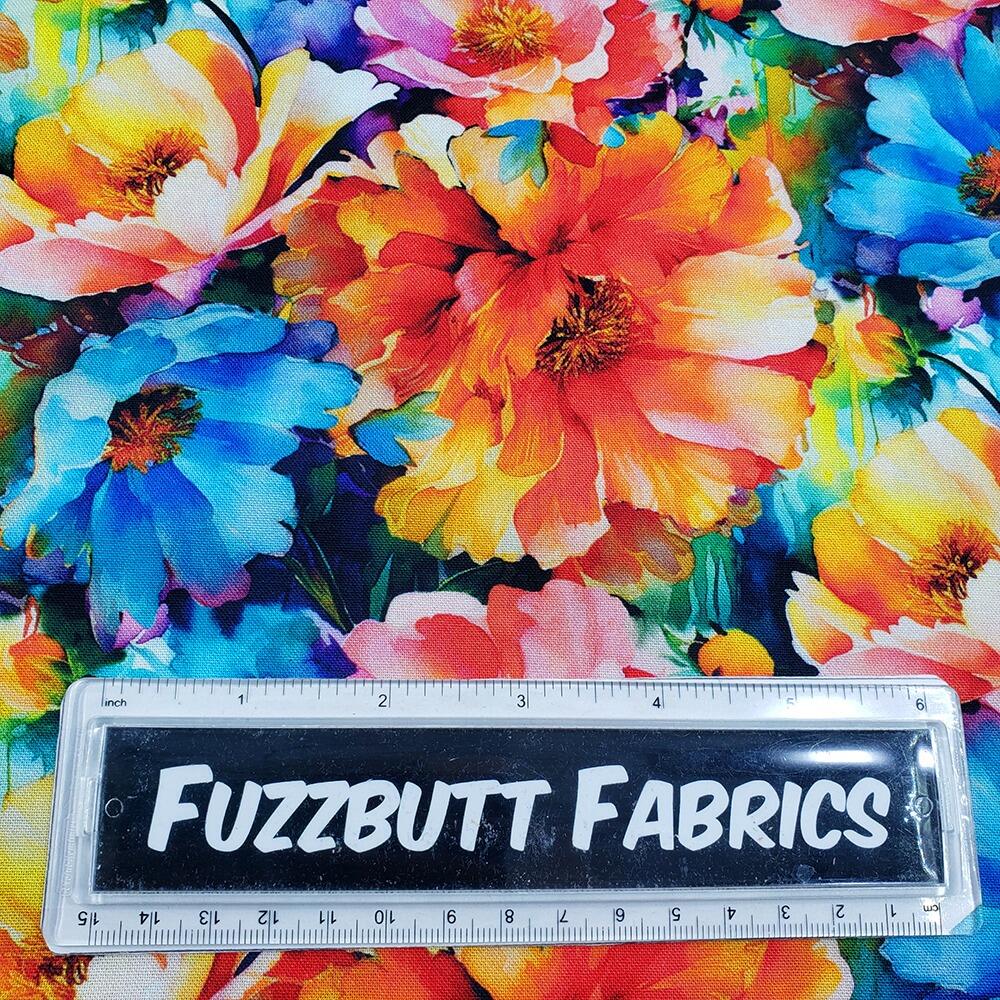 Spring into beauty fabric, 3wishes, blue and pink feathers, pastel florals, watercolour floral fabric