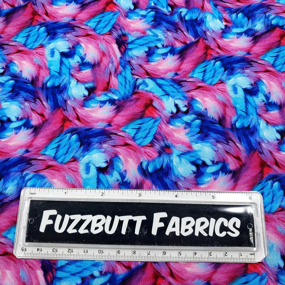 Spring into beauty fabric, 3wishes, blue and pink feathers, pastel florals, watercolour floral fabric