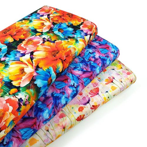 Spring into beauty fabric, 3wishes, blue and pink feathers, pastel florals, watercolour floral fabric