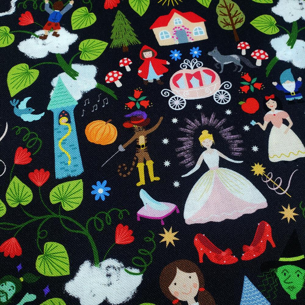 Lewis & Irene small things fairytales, farytale fabric, jack and the beanstalk, goldilocks, rapunzel, cotton double border, fairytales scatter fabric