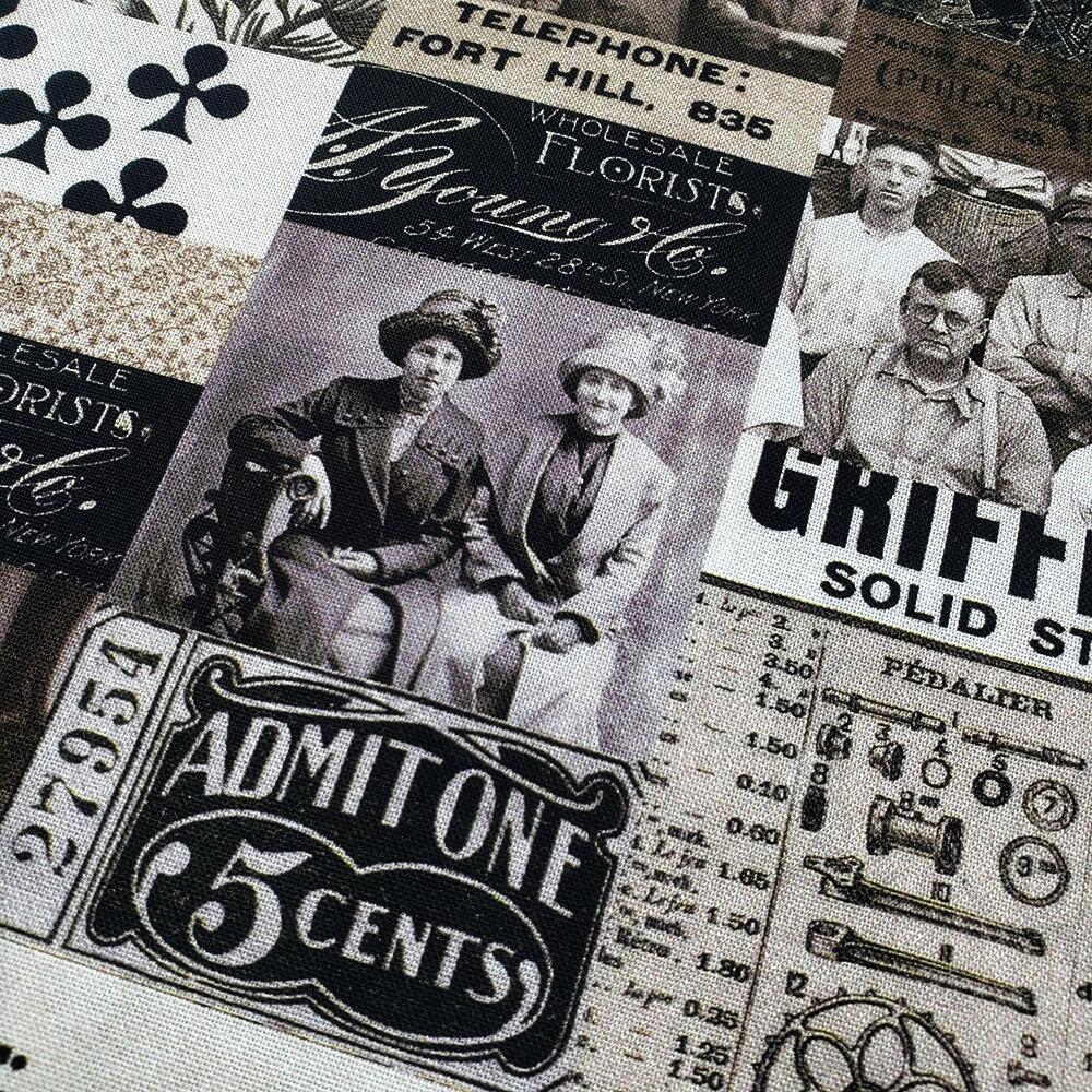 vintage montage, Tim Holtz fat quarter, palette, junk journal fabric, slow stitch, vintage style, eclectic elements, monochrome, abandoned, junk journal fabric