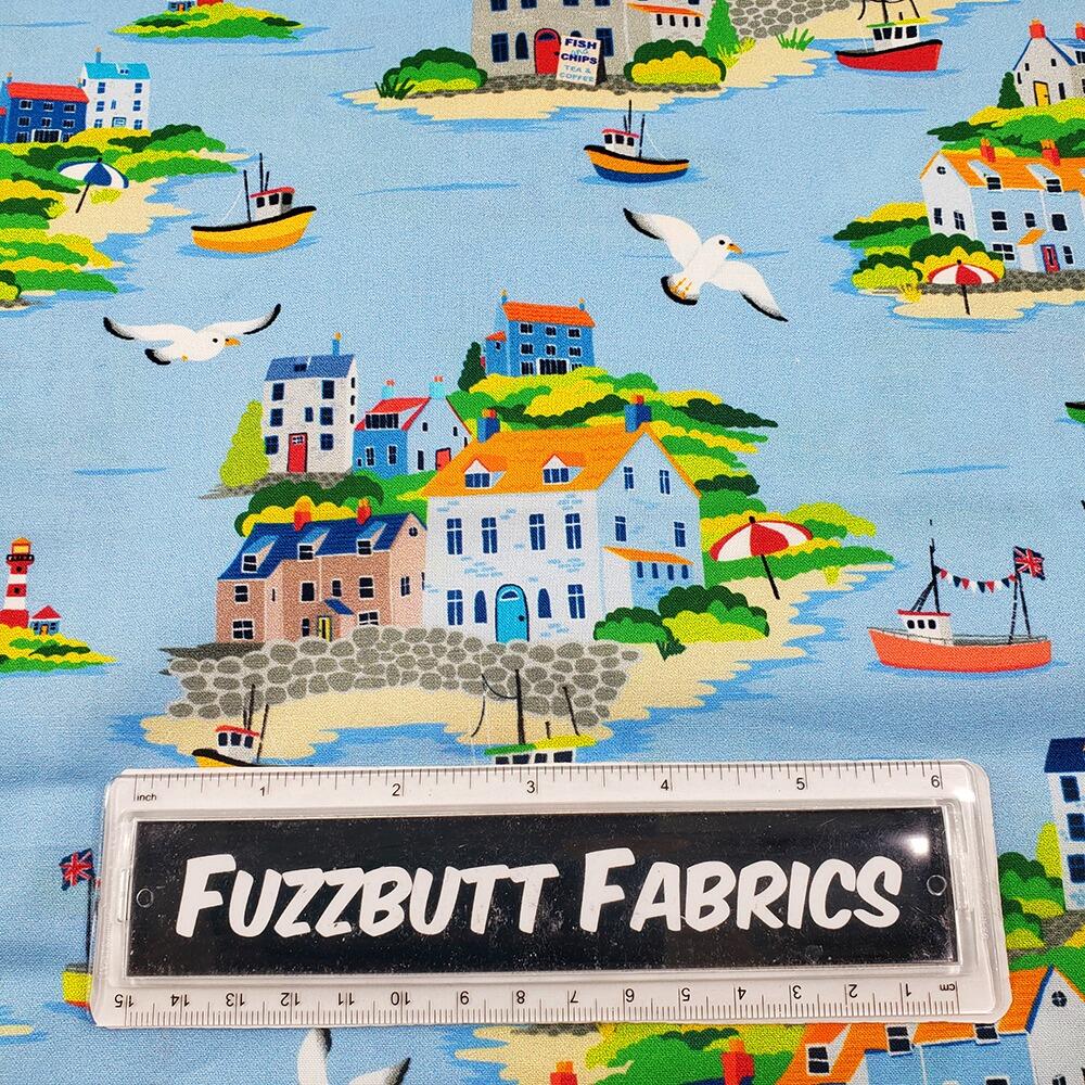harbour fabric, seashore, vintage seashore fabric,lighthouses, fishing boats, seagulls, QT fabrics, by the seashore