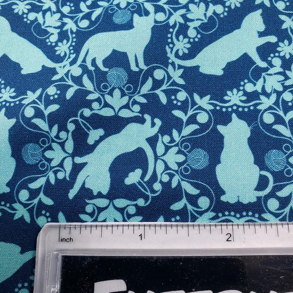 cat fabric, curious kittycats, julie lynch, blue cats, cat themed fabric uk