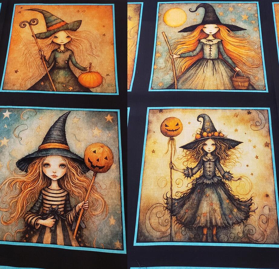 witchypoo, halloween fabric, witches panel, spell bottles, spell books, cotton spooky fabric, QT fabrics
