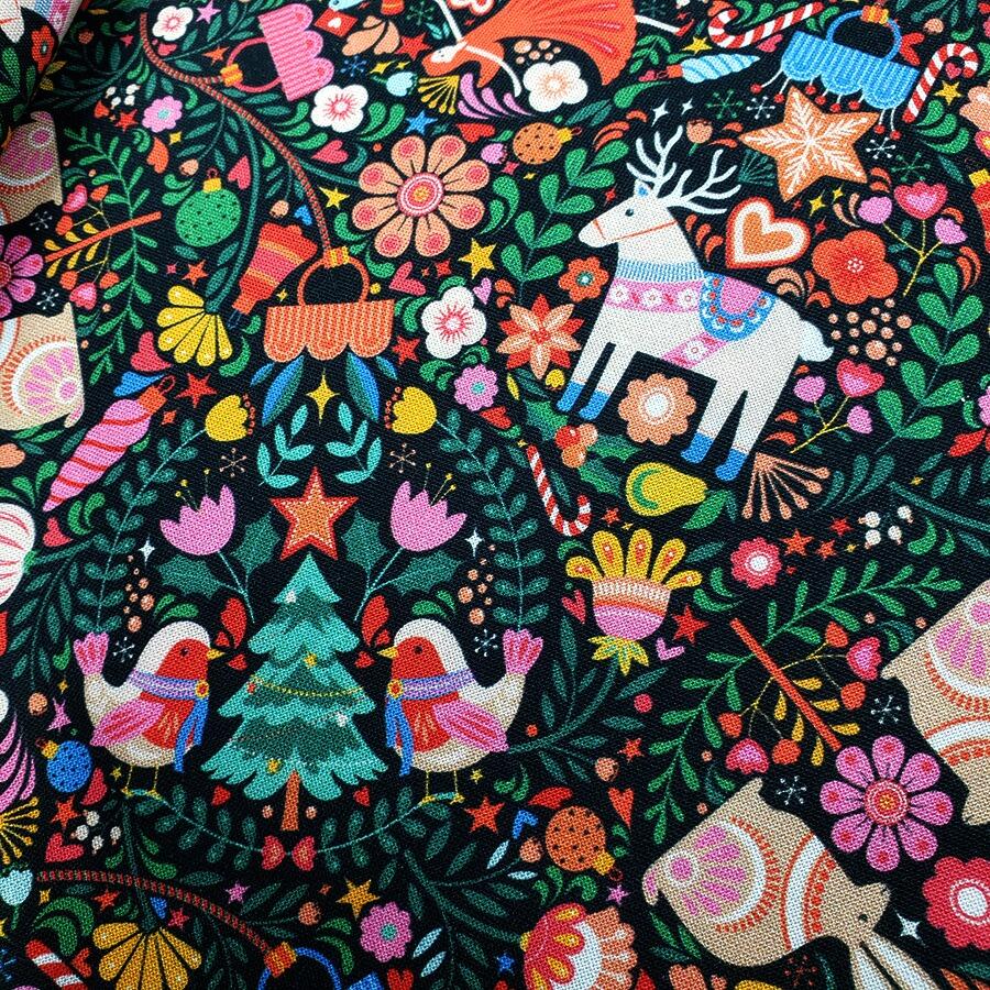 Geetanjali Behera fabric, deck the halls, thread and ink, bright colours, festive fabric, nutcracker fabric, reindeer, rabbits, christmas gifts