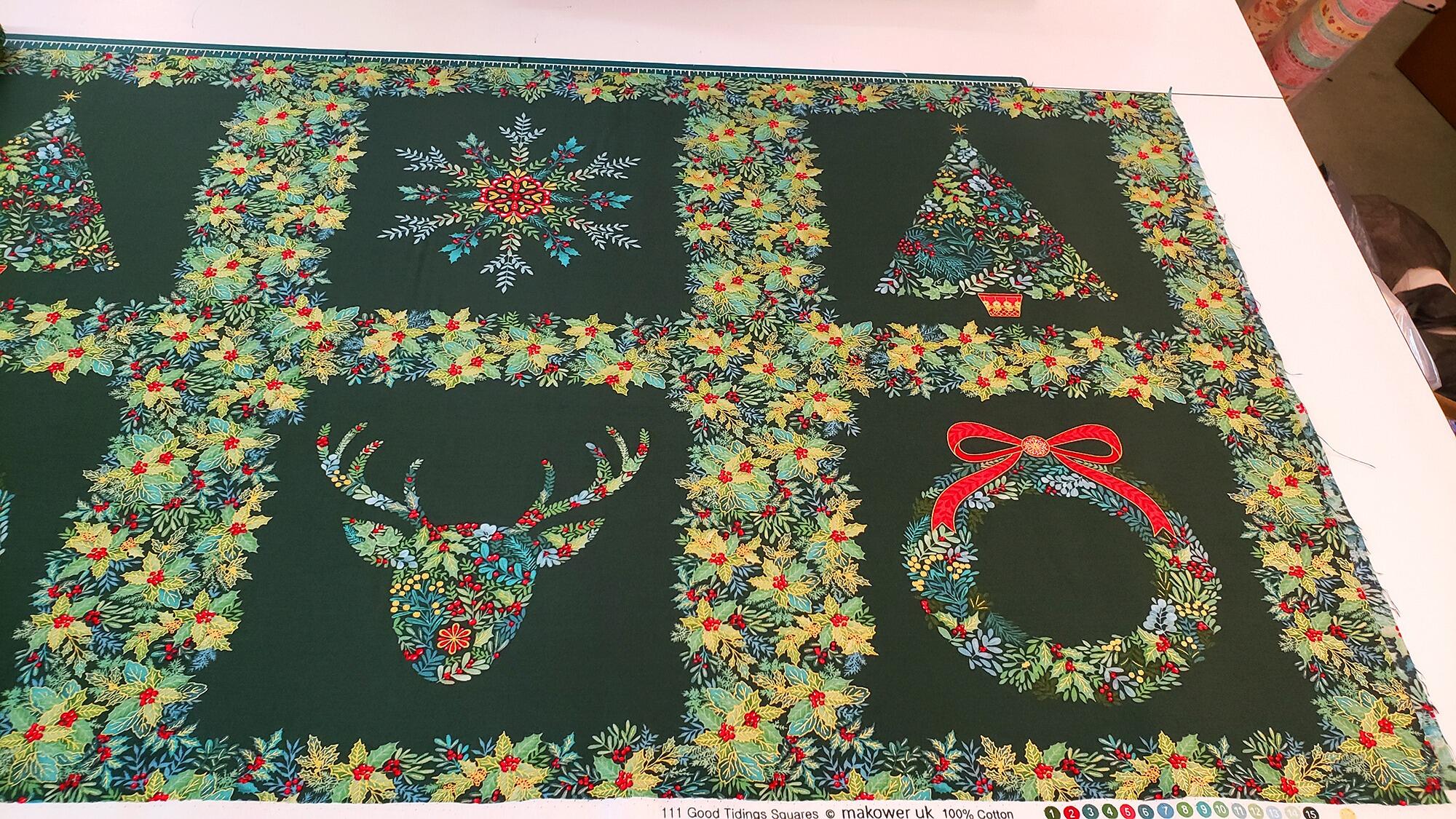 Makower Good Tidings 100% cotton Christmas fabric panels, deer, wreaths, snowmen