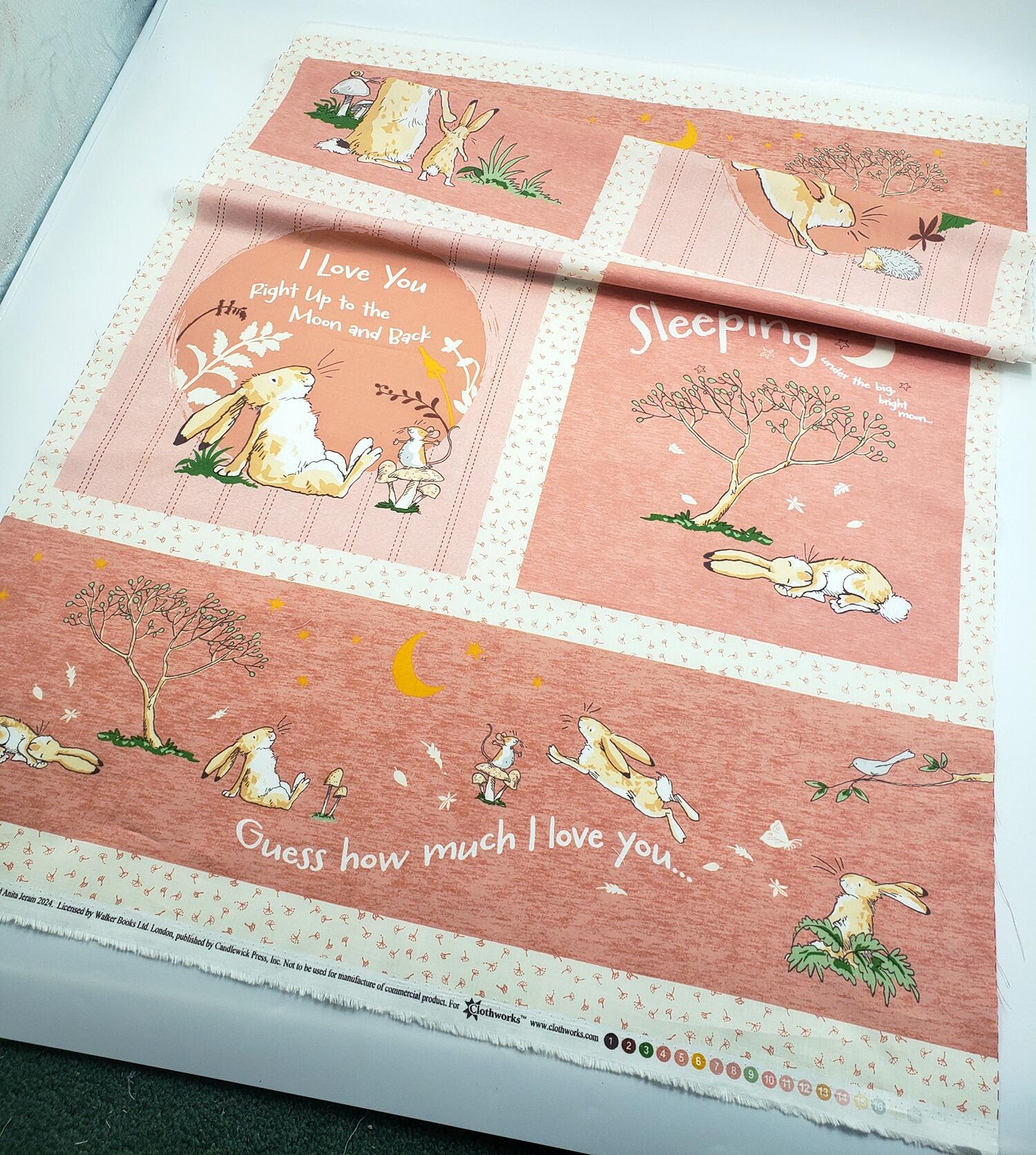 Guess How Much I Love You fabric by Anita Jeram Clothworks Guess How Much I Love You quilting cotton licensed children’s book fabric baby and nursery quilting fabric storybook animal fabric prints woodland nursery fabric premium cotton fabric for baby quilts children’s fabric by Clothworks