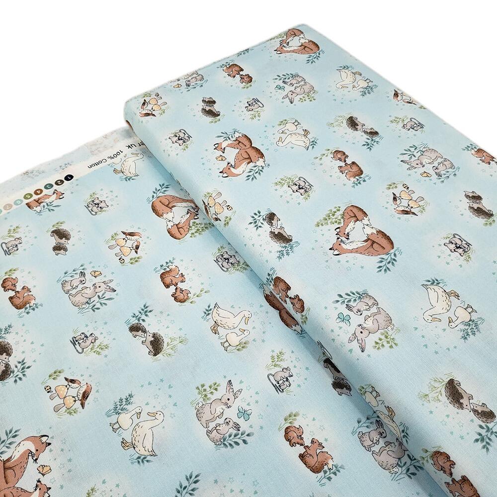 Makower, woodland wonder, forest animal fabric, foxes, wildlife, rabbits, mice, 100% cotton fabric