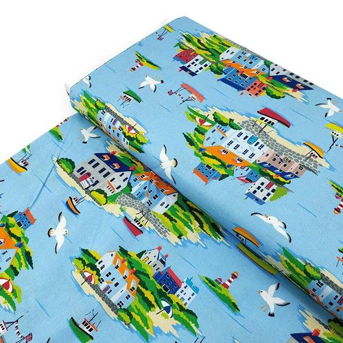 harbour fabric, seashore, vintage seashore fabric,lighthouses, fishing boats, seagulls, QT fabrics, by the seashore