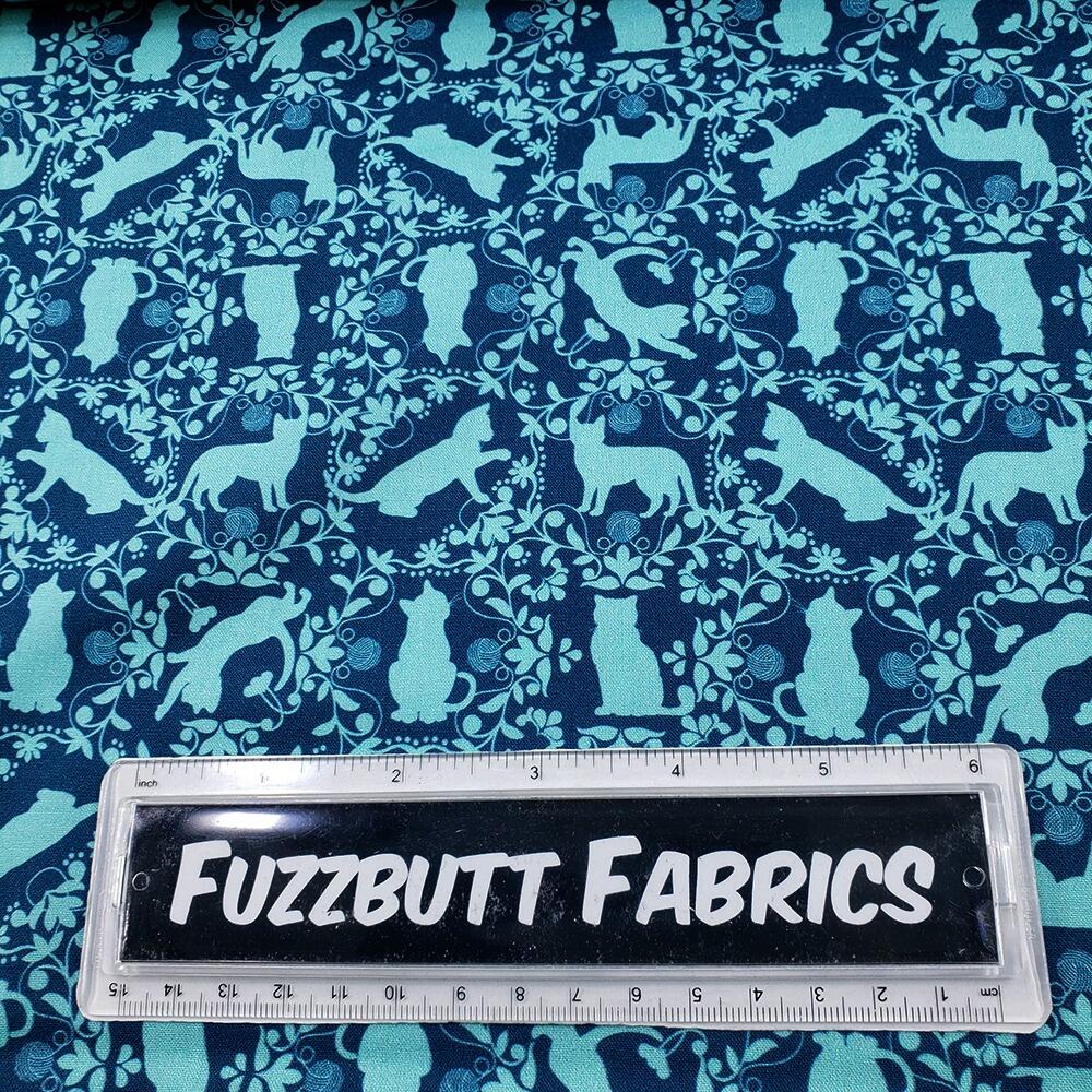 cat fabric, curious kittycats, julie lynch, blue cats, cat themed fabric uk