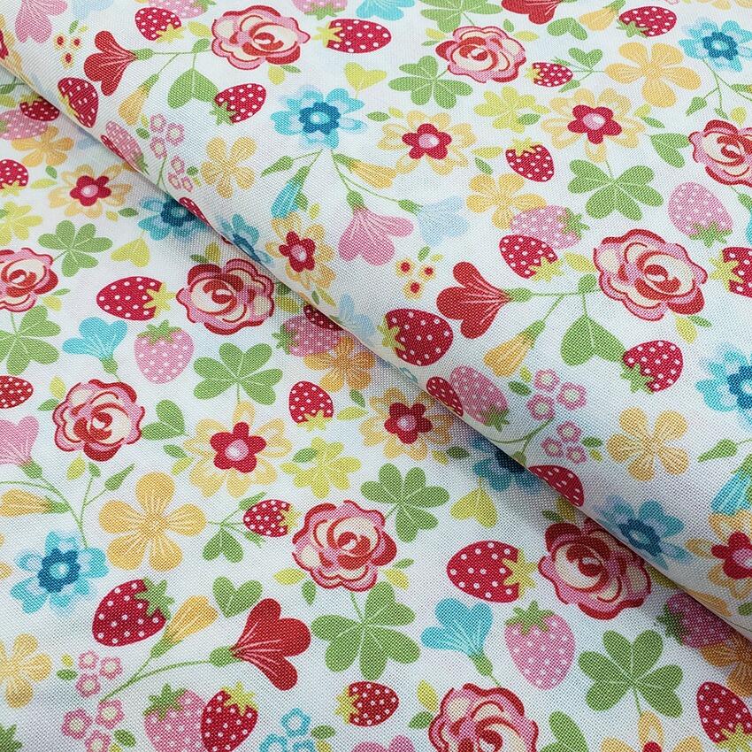 rosy cheeks,poppie cotton, flowers,strawberries, roses,pastels, vintage, colourful, hexies, patchwork cheater