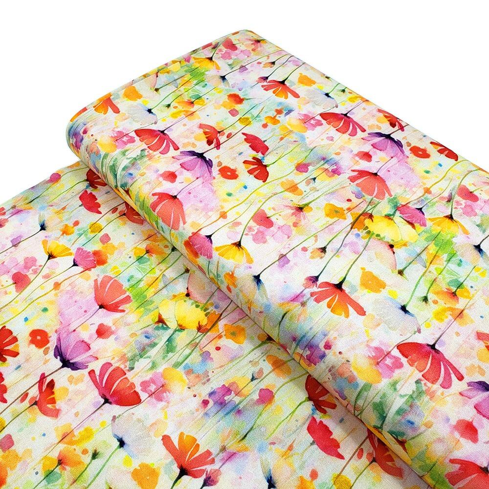 Spring into beauty fabric, 3wishes, blue and pink feathers, pastel florals, watercolour floral fabric