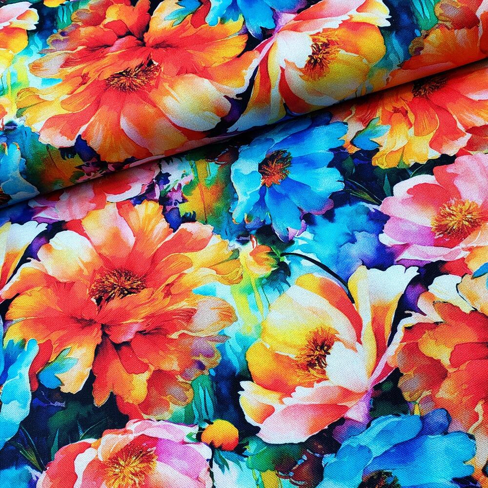 Spring into beauty fabric, 3wishes, blue and pink feathers, pastel florals, watercolour floral fabric