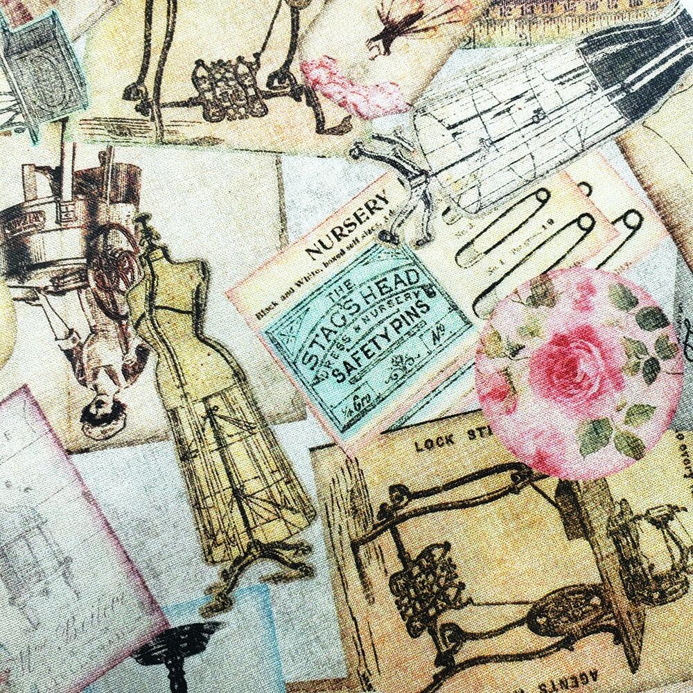 sew shabby chic, vintage sewing machines, fabric panel, vintage tape measures, sewing ephemera, junk journal fabric