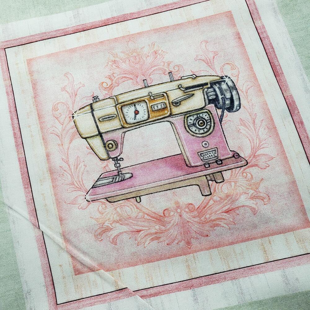 sew shabby chic, vintage sewing machines, fabric panel, vintage tape measures, sewing ephemera, junk journal fabric
