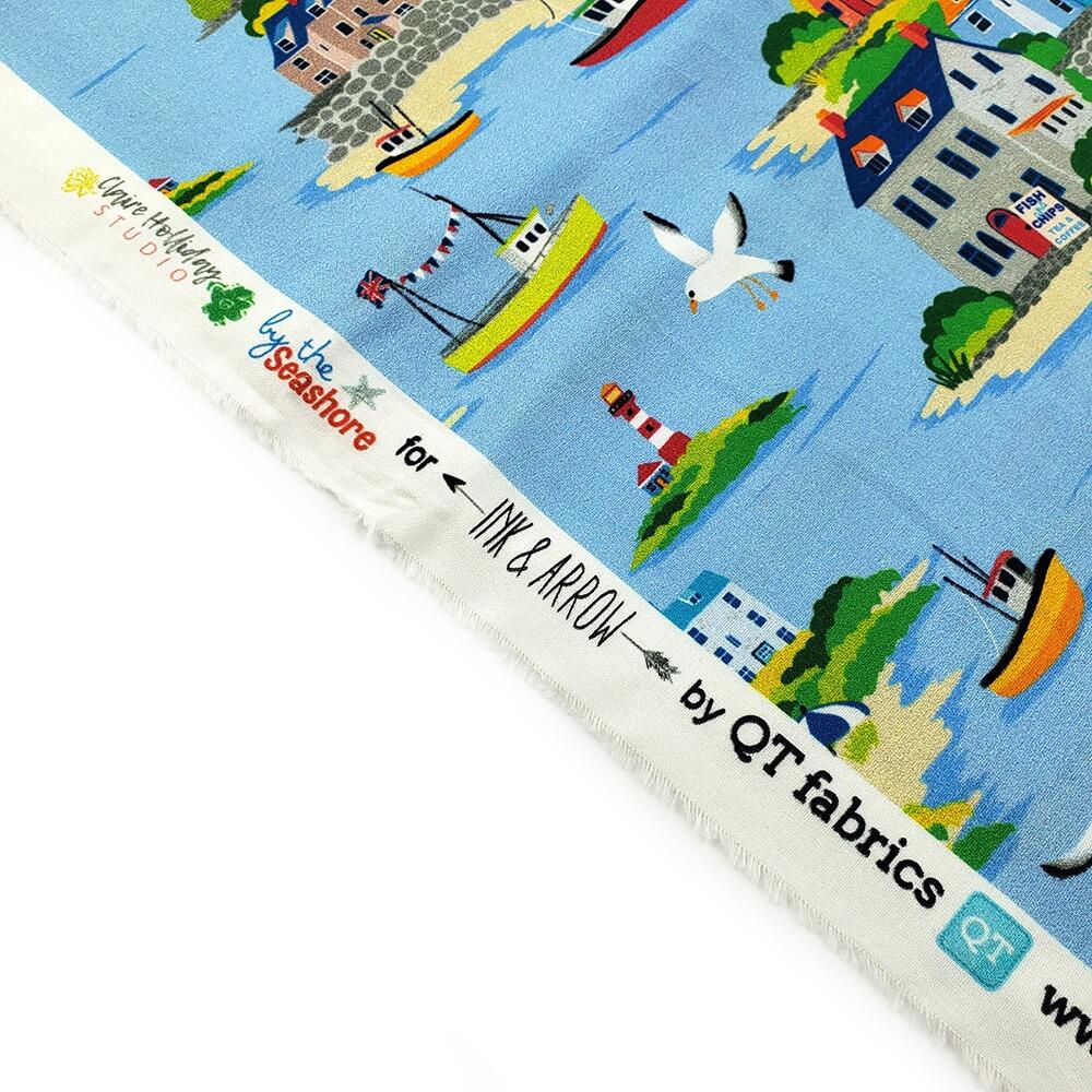 harbour fabric, seashore, vintage seashore fabric,lighthouses, fishing boats, seagulls, QT fabrics, by the seashore