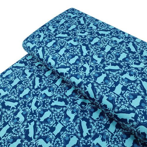 cat fabric, curious kittycats, julie lynch, blue cats, cat themed fabric uk