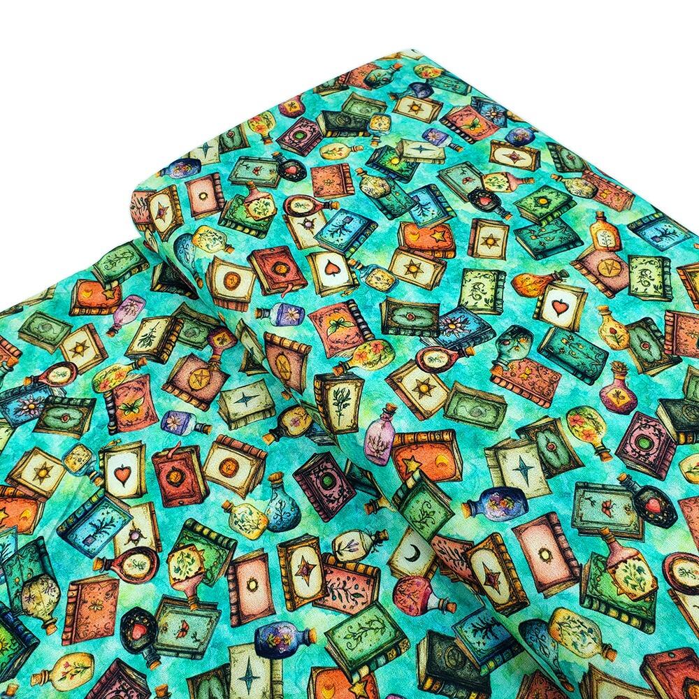 witchypoo, halloween fabric, witches panel, spell bottles, spell books, cotton spooky fabric, QT fabrics