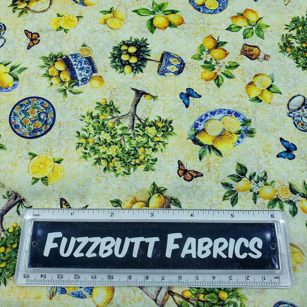 QT fabrics, citrus bliss, lemon trees, vintage teapots, junk journal, slow stitch fabric, butterflies