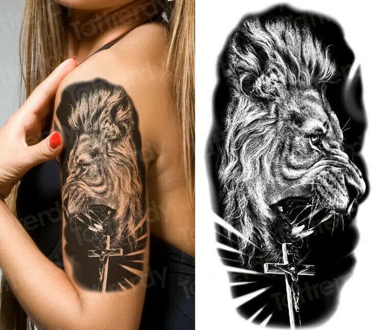 Black Lion & Cross Temporary Tattoo Fake Sticker Women Mens Arm Leg Thigh  Chest