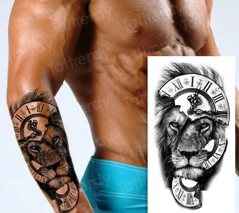Lion Breaking Clock Face Temporary Tattoo Fake Sticker Womens Mens Arm Leg  Back