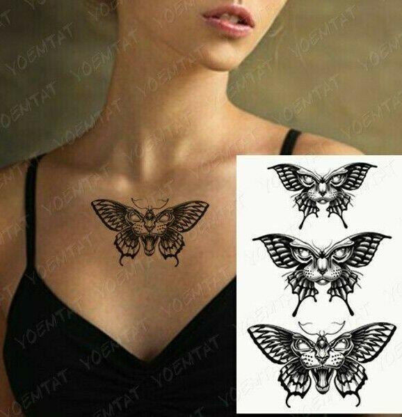 3x Black Butterflies Moths Cat Face Tattoo Fake Sticker Women Mens Arm Leg