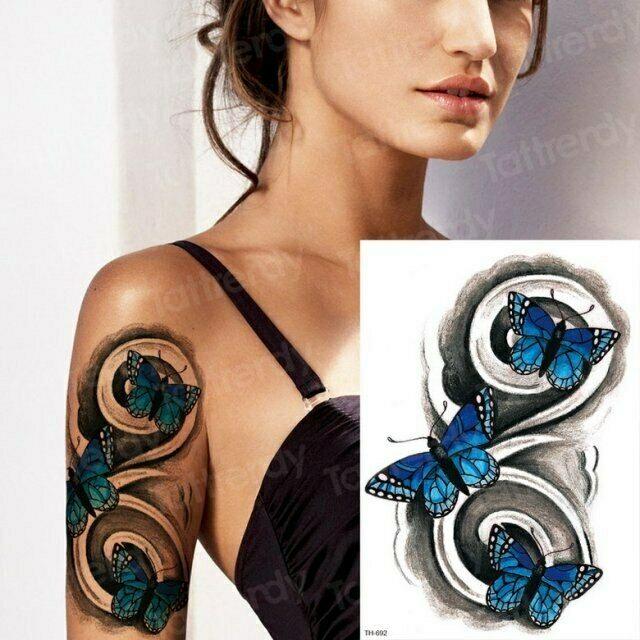 3 Blue Butterflies & Shaded Swirl Tattoo Sticker Womens Fake Arm Sleeve Leg  Mens