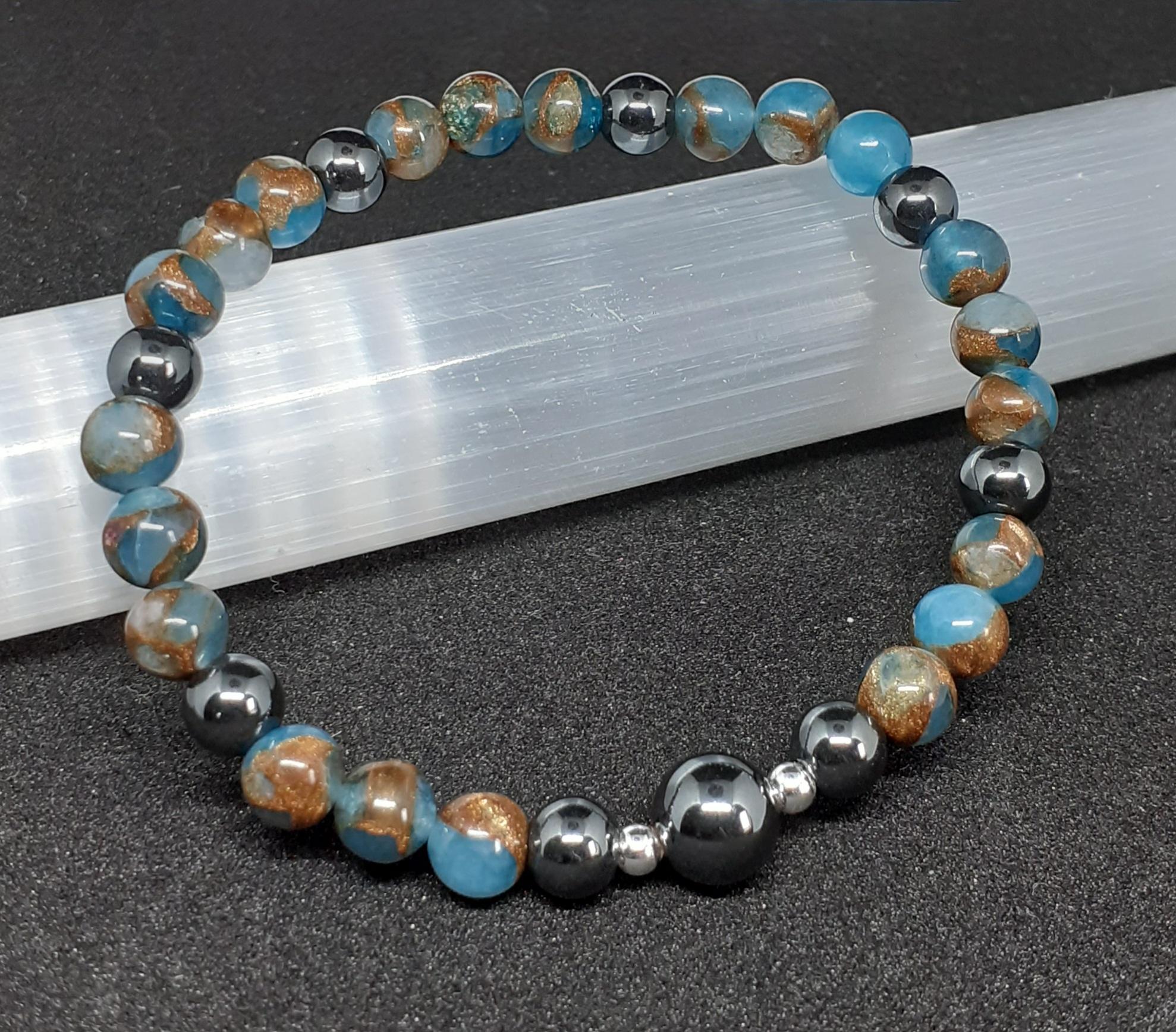 Blue Mosaic Quartz & Hematite Elasticated Bracelet