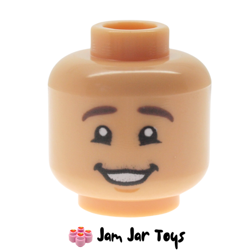 LEGO Medium Tan Head, Dark Brown Eyebrows, Grin.