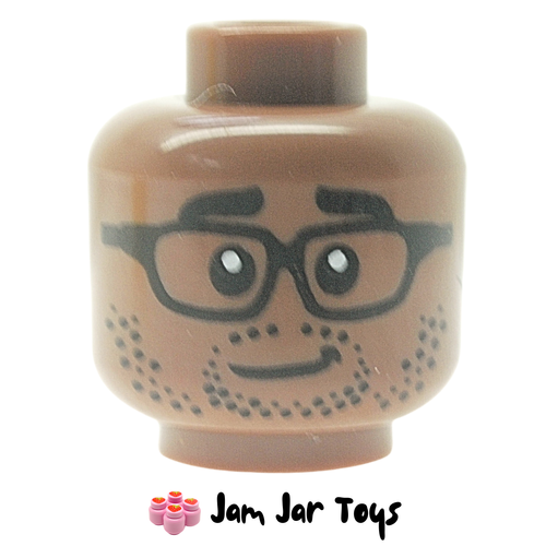 LEGO Medium Brown Head, Black Glasses, Stubbled Beard, Small Smile.