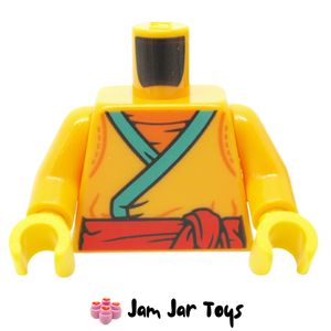 LEGO® Bright Light Orange Torso, Tunic, Dark Turquoise Trim, Red Belt T259