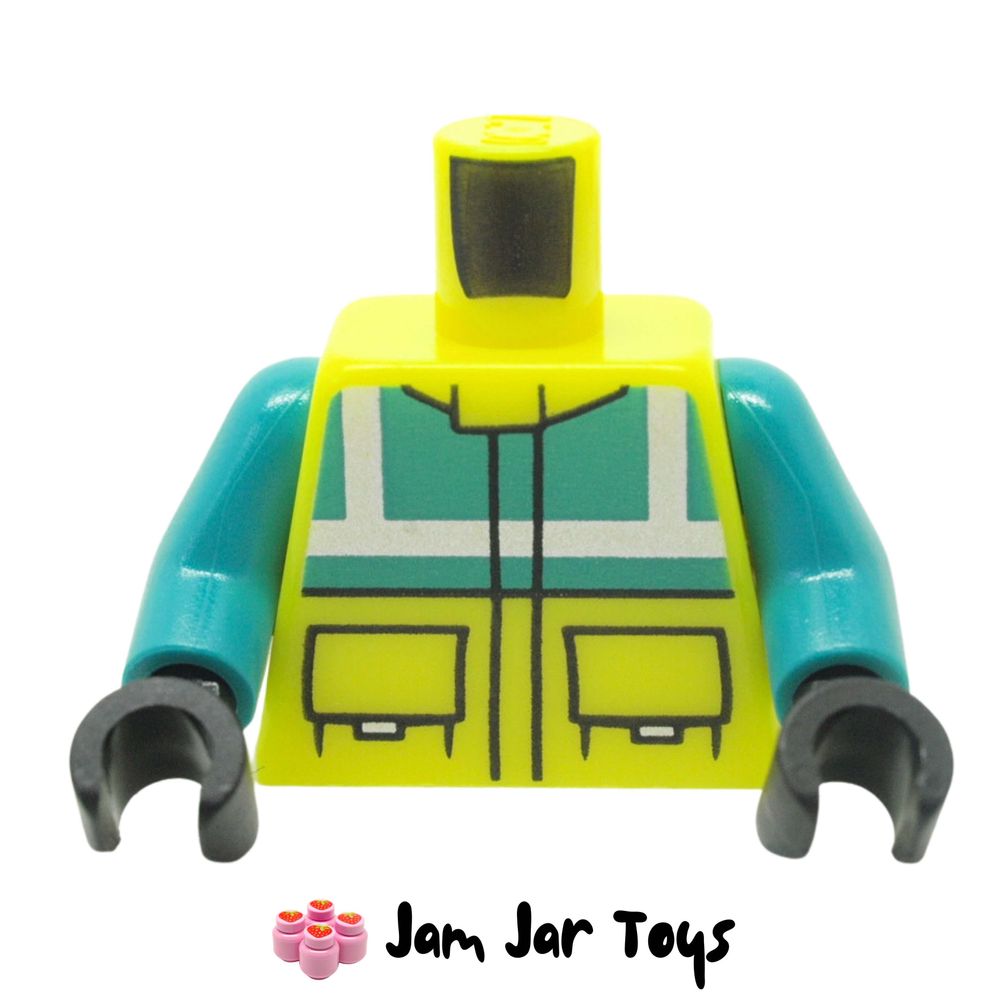 LEGO Vibrant Yellow Torso Safety Jacket, Pockets, Dark Turquoise Panel.