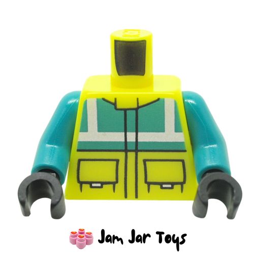 LEGO Vibrant Yellow Torso Safety Jacket, Pockets, Dark Turquoise Panel.