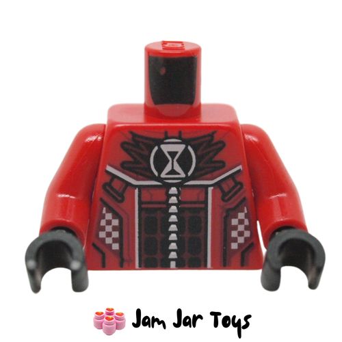LEGO Cooper Red Torso, Racing Suit, White Zipper, Black Decorations, Hourglass.