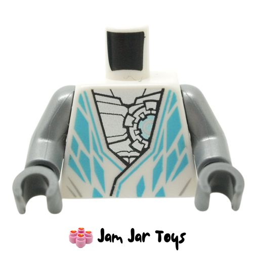 LEGO Zane Evo White Robe, Medium Azure Decorations, Flat Silver Chest.