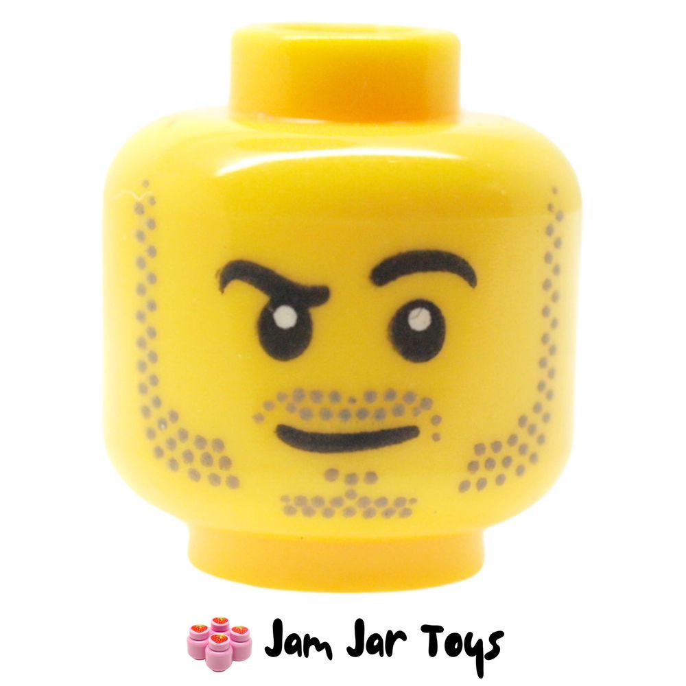 LEGO Head, Beard Stubble, Raised Eyebrow, White Pupils.