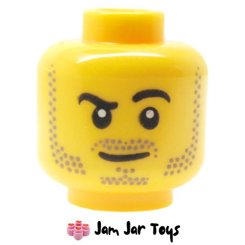 LEGO Head, Beard Stubble, Raised Eyebrow, White Pupils.