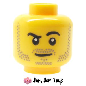 LEGO Head, Beard Stubble, Raised Eyebrow, White Pupils.