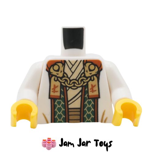 LEGO White Robe Torso, Dark Green / Dark Orange Trim, Gold Chain, Asian Symbols.